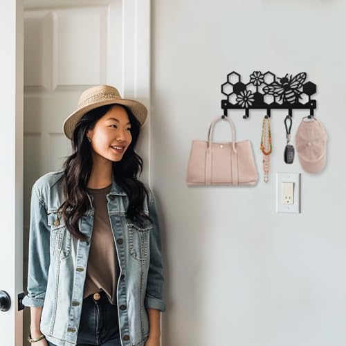 MAYJOYDIY Bee Beehive Metal Key Hook Honey Bee Flowers Coat Rack Wall Mounted 9.8×4.7inch Honeycomb Insect Black Art Key Holder with 5 Hooks for Gift Kitchen Bathroom Clothes Storage - style: Bee Beehive