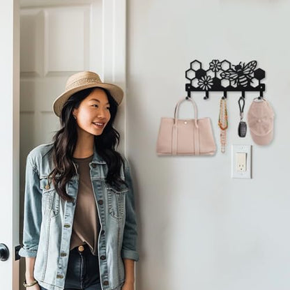 MAYJOYDIY Bee Beehive Metal Key Hook Honey Bee Flowers Coat Rack Wall Mounted 9.8×4.7inch Honeycomb Insect Black Art Key Holder with 5 Hooks for Gift Kitchen Bathroom Clothes Storage - style: Bee Beehive
