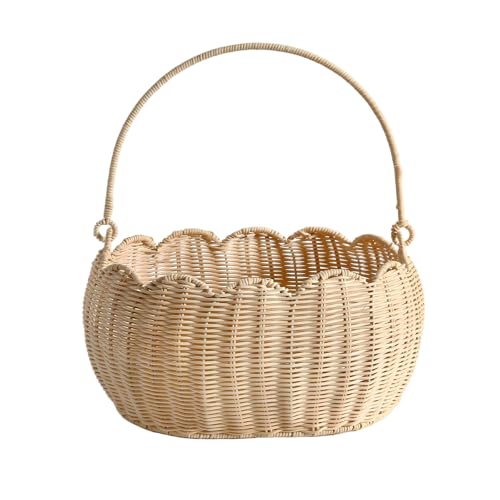 Scalloped Round Basket with Handle, Super Sturdy Wicker Storage Baskets, Hand Woven Basket for Shelves,Natural Baskets for Organizing (White Rattan 12.6"*9"*6.1") - color: White Rattan(12.6"*9"*6.1")