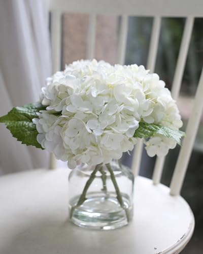 Real Touch Artificial Flowers White Hydrangea in Vase for Home Decoration | Fake Flowers Centerpieces for Tables, Lifelike Fake Hydrangea in Vase for Bathroom, Office and Home Bar - color: White