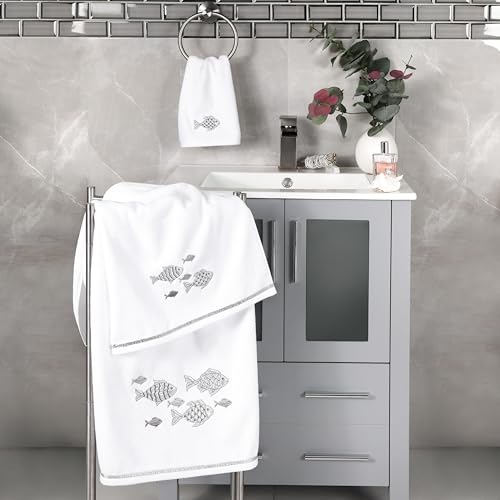 Treasure 4-Piece Premium Towel Set, Sparkling Applique Fish, Ultra Plush Turkish Cotton, Durable, Perfect for Bathroom, 2 Bath 2 Hand Towels, White - color: White, size: 2 Pcs Bath 2 Pcs Hand Towel