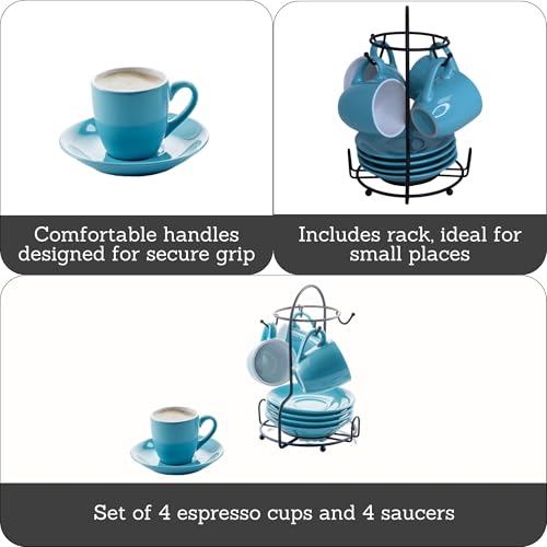 IMUSA USA 8pc 3oz Blue and White Espresso Cups & Saucers Set w/Storing Rack, 8pc, Teal - color: Blue and White, size: 3 Ounces, style: 8 Piece