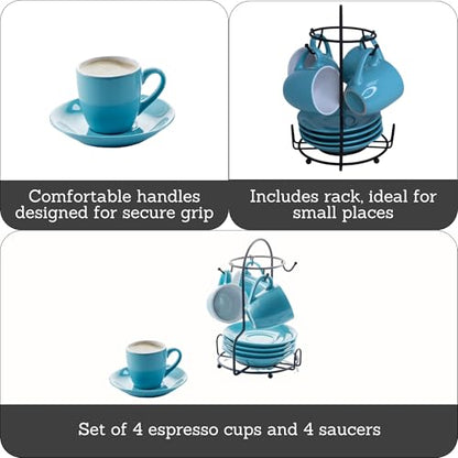 IMUSA USA 8pc 3oz Blue and White Espresso Cups & Saucers Set w/Storing Rack, 8pc, Teal - color: Blue and White, size: 3 Ounces, style: 8 Piece