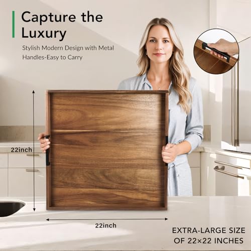 Large Square Ottoman Tray for Living Room and Coffee Table, Decorative Acacia Wood Serving Tray with Metal Handles for Breakfast in Bed, Dinner Food Kitchen TV (Natural, 22" x 22" x 2") - size: 22" x 22" x 2"