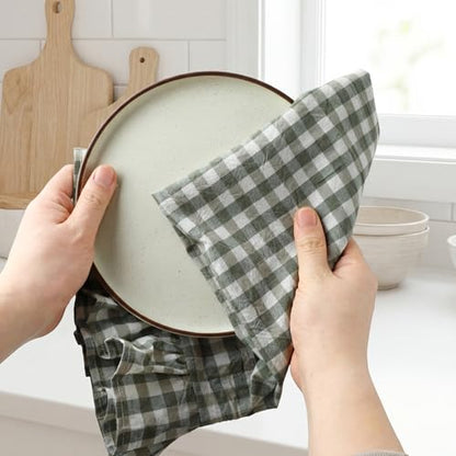 HunnmingRe Sage Green Kitchen Towels Set of 2, 100% Cotton Ruffled Gingham Dish Towels 18"x28" Tea Cloths Classic Plaid Pattern for Farmhouse Charm, Drying Dishes, Entertaining Guests - color: Sage Green, style: Gingham