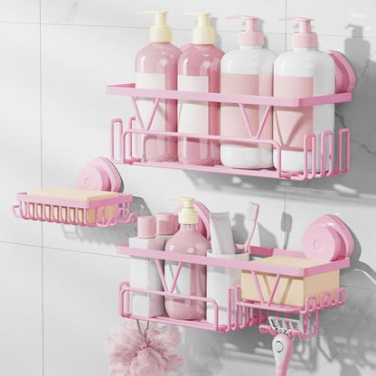 KEGII Suction Cup Shower Caddy 3 Pack, Bathroom Storage Shelf, Pink | Rustproof Stainless Steel Design with Soap Holder and Hooks, Removable No Drill Storage for Shampoo and Bath Accessories