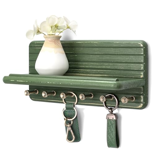 Rebee Vision Key Holder Wall Mount with 6 Key Hooks for Room Decor, Green | Pine Wood, 6 Key Hooks, Key Holder for Wall, Floating Shelf, Mail Organizer, Apartment Essential for Room Improvement - color: Green, size: Medium-11inch