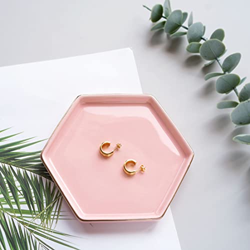 HANKOR 4.7 inch Ceramic Jewelry Dish Tray, Small Ring Holder Dish, Pink Catch All Trinket Tray for Keys Rings Earrings - color: Pink