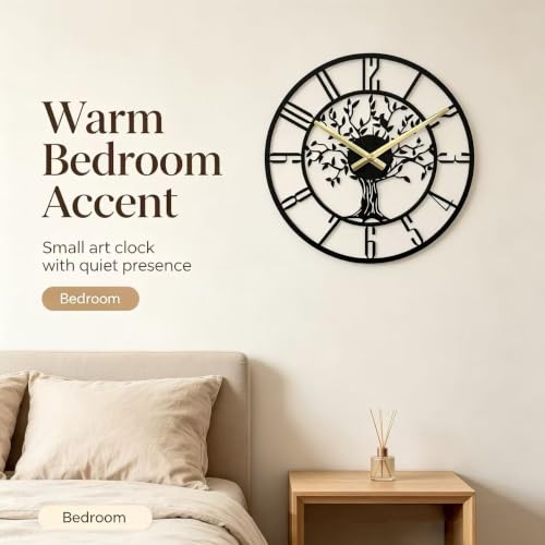 Wall Clock for Living Room Decor 14 inch Tree of Life Metal Wall Art, Non-Ticking Battery Operated Metal Black for Office/Bedroom/Kitchen/Dining Room Decoration - size: B 14 Inch
