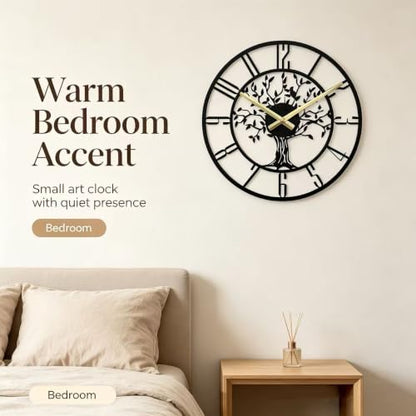 Wall Clock for Living Room Decor 14 inch Tree of Life Metal Wall Art, Non-Ticking Battery Operated Metal Black for Office/Bedroom/Kitchen/Dining Room Decoration - size: B 14 Inch