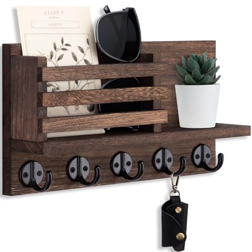 Lwenki Key Holder for Wall – Decorative Wooden Mail Holder and Key Shelf with Mounting Hardware, Installation Guide – Paulownia Wood with Metal Key Hooks (Brown, Large - 11.8inch) - color: Brown, size: Large - 11.8inch