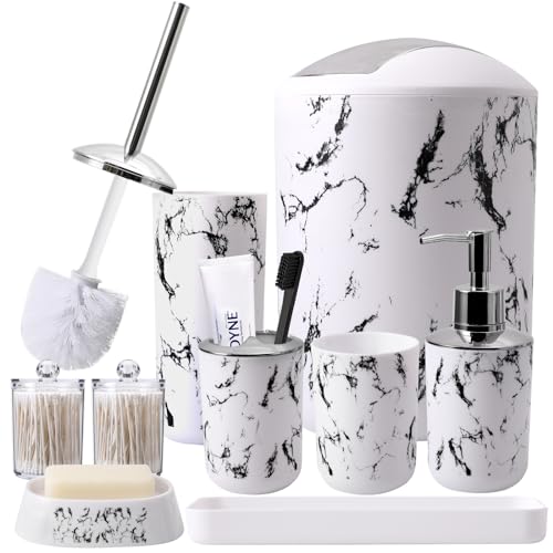 XLHOMO White Marble Bathroom Accessories Set, White Bathroom Set with Trash Can, Vanity Tray, Soap Dispenser, Soap Dish, Toothbrush Holder, Toothbrush Cup, Toilet Brush and Qtip Holders for Bathroom - color: Marble White, size: Bathroom Set