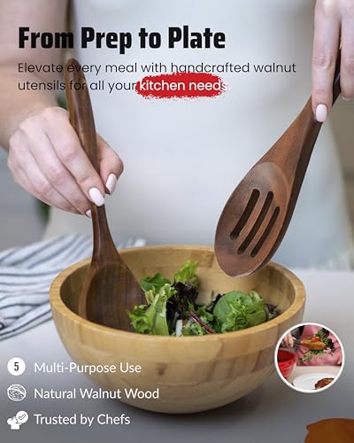Elegant 5-Piece Walnut Wood Kitchen Utensil Set – Non-Scratch, Heat-Resistant Cooking Utensil Set with Kitchen Tongs, Spoons, Spatula & Ladle – Lightweight, Durable & Perfect for Daily Use or Gifting - color: The Monarch Walnut Set