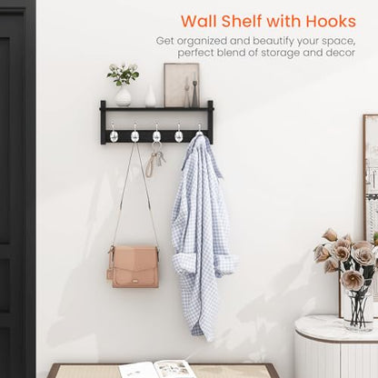 Wall Coat Rack With Shelf, Wood Entryway Hanger With Hooks, Small Floating Pegs for Hanging Coats, Hats, Purses, Backpacks, Black - color: Black, size: 17.1 Inch Long