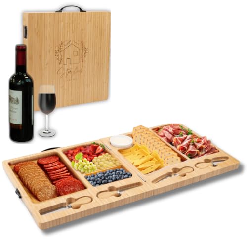 Large Bamboo Charcuterie Board with Magnetic Knife Set | Wooden Cheese Platter, Foldable, House Warming Gifts, New Home, Wedding Gifts - color: Classic