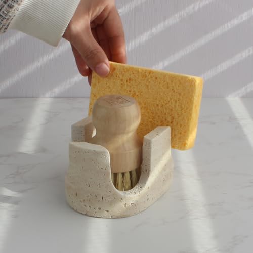 Natural Travertine Marble 2-Slot Sponge Holder for Kitchen Counter, 2-in-1 Stone Drying Rack, Sponge Caddy for Sink Organizer - Beige Travertine - color: Beige Travertine