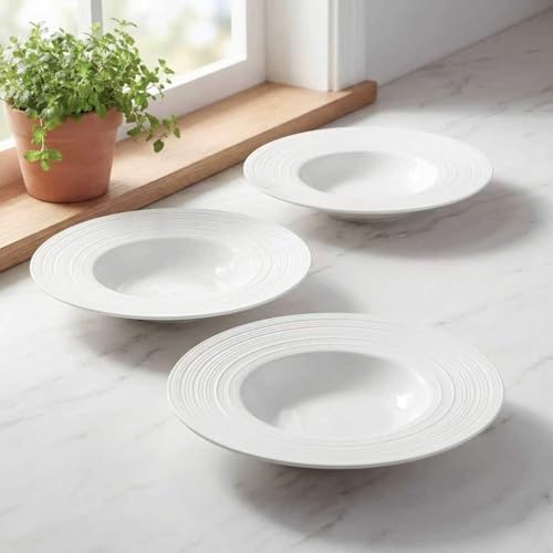 Ceramic Wide Rimmed Soup Plate, Soup Bowl 12 oz, Pasta Bowl Set of 4, White Shallow Bowl Plate with Rim, Best choice for high-end restaurants, hotels, and foodies,11.4 Inch Coil relief - color: White Coil texture relief, size: 11.4 Inch