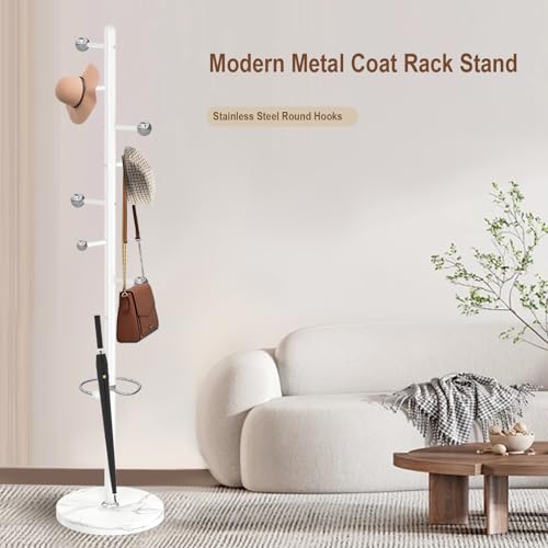 Coat Rack Stand, White Metal Coat Rack Freestanding with 8 Hooks | Coat Rack with Natural Marble Base,Modern Coat Hanger Stand, 3 Adjustable Coat Clothes Tree Stand for Office - color: White-8 Ball Hooks