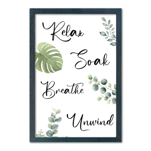 Boho Bathroom Wall Decor Relax Soak Unwind Breathe 11x16 Wood Frame Sign | Botanical wall art with calming green foliage and soothing bath quotes. A natural accent for any spa-like bathroom space. - color: Relax Soak Breathe Unwind (Black), size: 16"L x 1