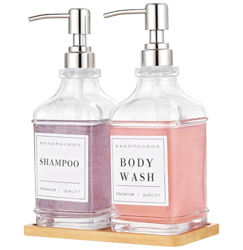 Dish and Hand Soap Dispenser,Set of 2 * 16.9oz | Glass Soap Dispenser with Silver Pump,Tray,Funnel,500ML Countertop Soap and Lotion Dispenser for Kitchen, Bathroom Set - color: Ks-5070-28y-2s