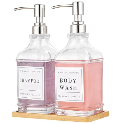 Dish and Hand Soap Dispenser,Set of 2 * 16.9oz | Glass Soap Dispenser with Silver Pump,Tray,Funnel,500ML Countertop Soap and Lotion Dispenser for Kitchen, Bathroom Set - color: Ks-5070-28y-2s