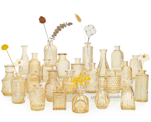 SUPMIND Glass Bud Vases Set of 24, Small Gold Amber Flower Vases in Bulk | Mini Vintage Vase for Table Centerpieces, Wedding, Home Decor, Table Decoration, Baby Shower, Party Decor - color: Gold Amber, size: 24Pcs