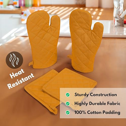 Native Fab 4 Piece Set - 2 Oven Mitts & 2 Potholders, Heat Resistant, 100% Cotton, Quilted Design, Non-Slip Grip, Machine Washable, Ideal for Baking, Cooking, BBQ, Kitchen Protection - Mustard Yellow - color: Mustard Yellow