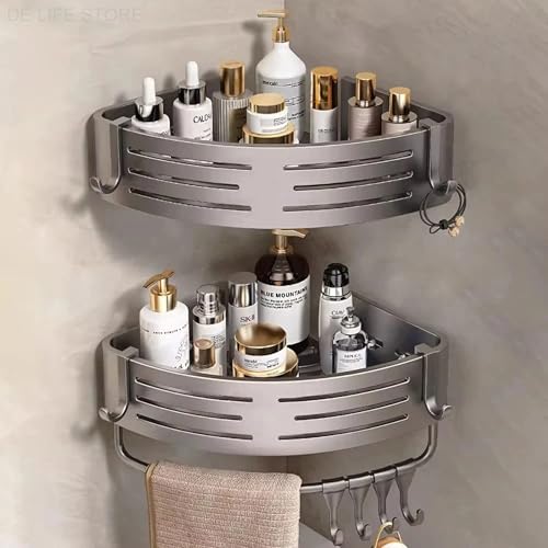 Suction Cup Corner Shower Caddy with Hooks and Towel Bar for Bathroom. Aluminum, Reusable, Rustproof, No Drill, No Tools, No Glue. Multifunctional, Hang Towel, Loofah, Sponge (2 Pack, Gray)