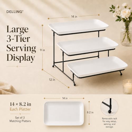 Delling Large 3 Tier Serving Tray Set, 14 Inch Tiered Serving Stand, Sturdier Rack with 3 Porcelain Serving Platters, Suitable for Dessert Table Display Set, Serving Dishes for Entertaining - size: 14 inch
