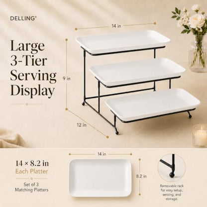 Delling Large 3 Tier Serving Tray Set, 14 Inch Tiered Serving Stand, Sturdier Rack with 3 Porcelain Serving Platters, Suitable for Dessert Table Display Set, Serving Dishes for Entertaining - size: 14 inch