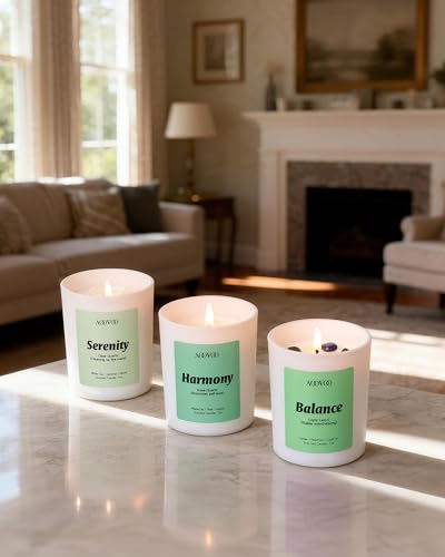AOOVOO Calm Candles Set for Women - 4 Pack Soy Candles for Home Scented | 28 oz Soy Wax, Aromatherapy Candle with Crystals, Amethyst Calm/Clear Quartz Serenity/Rose Quartz Harmony/Lapis Lazuli Balanc - style: Calm Candles Set