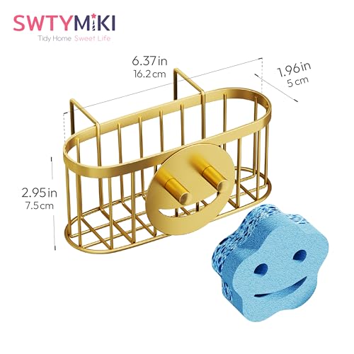 SWTYMIKI Sponge Holder for Kitchen Sink - Movable Sink Caddy with Smiley Face Sponge Holder, Rustproof Hanging Sponge Organizer in Double Bowl Sinks Depth>3.15in, Middle Divider<1.5in, Gold - color: Gold-smiley Sponge Holder