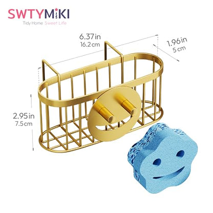 SWTYMIKI Sponge Holder for Kitchen Sink - Movable Sink Caddy with Smiley Face Sponge Holder, Rustproof Hanging Sponge Organizer in Double Bowl Sinks Depth>3.15in, Middle Divider<1.5in, Gold - color: Gold-smiley Sponge Holder