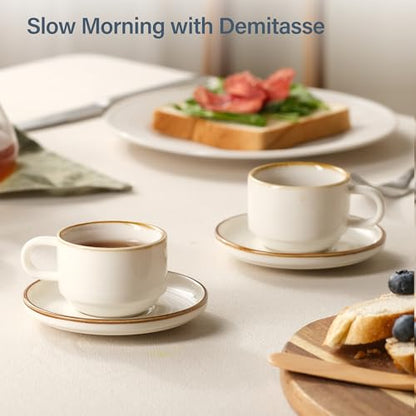 ONEMORE 2.5 Oz Espresso Cups Set of 4, Stackable Porcelain Coffee Cups with Saucers and Metal Stand, White Demitasse Mugs for Espresso, Cappuccino, Latte, Microwave & Dishwasher Safe - color: Cream White