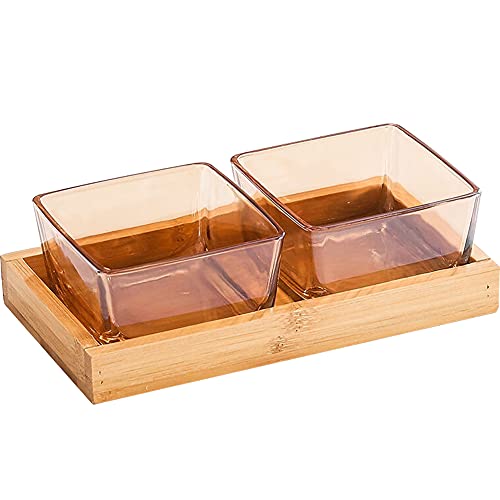 2 Compartment Glass Fruit Bowl with Wooden Tray Creative Snack Serving Tray Divided Serving Platter Reusable Ice Cream Cups Removable Salad Bowls for Snack Candy Nuts Desserts Amber - color: Amber, size: 2 Compartment