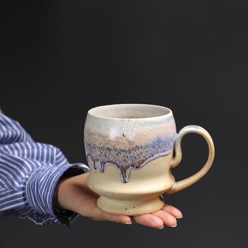 17oz Big Unique Handmade Pottery Coffee Mug with Comfortable Big handle, Reactive Glaze Ceramic Coffee Mug, Artisanal Stoneware Tea Mug,Lead-free Clay, Microwave and Dishwasher safe (White and Blue) - color: White and Blue