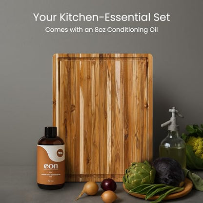 Teakhaus Carving Board and EON Cutting Board Oil Set - Small (S) Teak Wood Cutting Board with Juice Groovel & Food-Grade Mineral Oil - 16”L x 12”W x 1.5” Thick - FSC Certified - color: Cutting Board with Maintenance Oil, size: Small (16 inch x 12 inch x 1