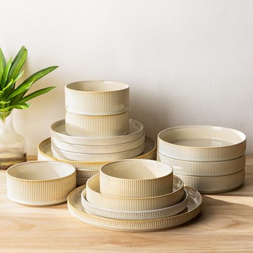 Ceramic Dinnerware Set for 4, 16-Piece Plates and Bowls Set | Lightweight Porcelain Dish Set, Scratch Resistant, Oven & Microwave & Dishwasher Safe, Cappuccino - color: Cappuccino, size: Set (16pcs)