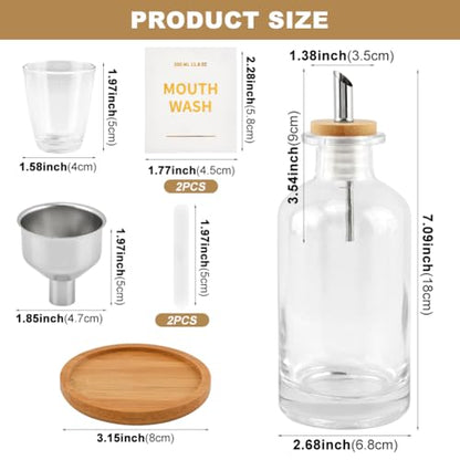 Glass Mouthwash Dispenser with Serving Tray and Funnel Set - Reusable Bottle for Mouthwash, Oil, Soap, or Vinegar with No-Drip Spout & Easy-Pour Design(Clear)