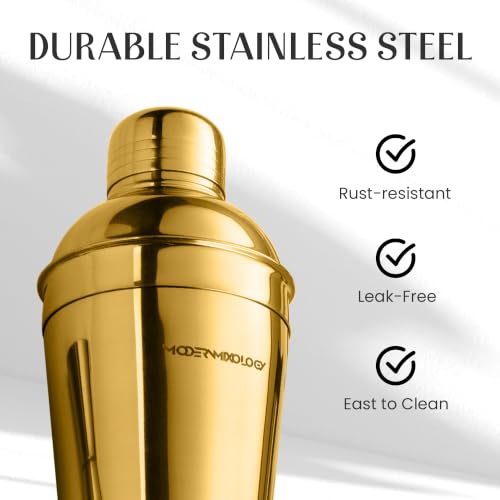 Cocktail Shaker Set - Bartender Kit with Pine Stand | Leak-Proof Design | Includes Martini Shaker, Jigger, Strainer, Spoon, Tongs | Perfect Bar Tools Gift for Home Mixology (Gold) - color: Gold / Light Stand, size: 8 Pieces