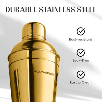 Cocktail Shaker Set - Bartender Kit with Pine Stand | Leak-Proof Design | Includes Martini Shaker, Jigger, Strainer, Spoon, Tongs | Perfect Bar Tools Gift for Home Mixology (Gold) - color: Gold / Light Stand, size: 8 Pieces