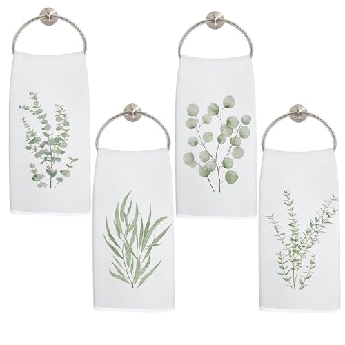Sage Green Eucalyptus Leaves Kitchen Towels, Botanical Hand Towels for Bathroom Decor, Green Leafy Plant Dish Tea Towel for Kitchen Decor, 16x24 Inch Set of 4 - color: Sage Green