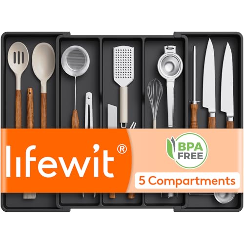 Lifewit Utensil Organizer for Kitchen Drawers, Expandable Utensil Tray | Adjustable Cooking Cutlery Silverware Flatware Holder, Plastic Spatula Tools Storage Divider, 16- 28 x 18.5", Black - color: Black, size: XL(16-28''W x 18.5''D)
