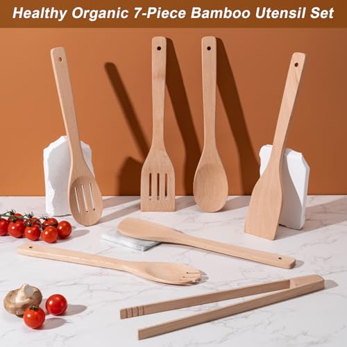 Eisinly Wooden Spoons for Cooking 7-Piece, Kitchen Nonstick Wood Cooking Utensils Set, Durability Wooden Spatula Spoon for Everyday Use, Light Yellow - color: Yellow-Wood, style: Square-edge