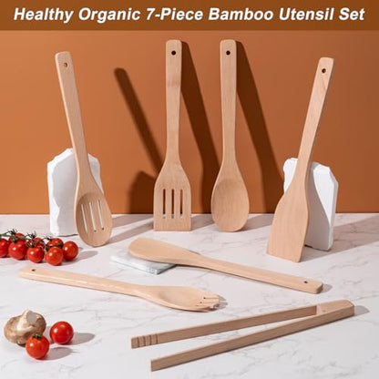 Eisinly Wooden Spoons for Cooking 7-Piece, Kitchen Nonstick Wood Cooking Utensils Set, Durability Wooden Spatula Spoon for Everyday Use, Light Yellow - color: Yellow-Wood, style: Square-edge