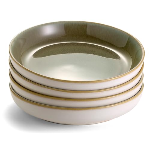 Sango Resona Moss Green Stoneware Bowls (Set of 4) – Durable Stoneware with Reactive Glaze Finish, Microwave & Dishwasher Safe, Perfect for Everyday Dining & Entertainment - color: Green/Cream, size: Pasta Bowl Set