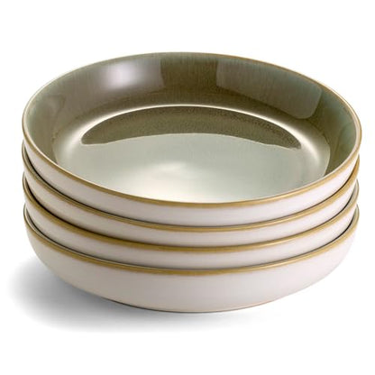 Sango Resona Moss Green Stoneware Bowls (Set of 4) – Durable Stoneware with Reactive Glaze Finish, Microwave & Dishwasher Safe, Perfect for Everyday Dining & Entertainment - color: Green/Cream, size: Pasta Bowl Set