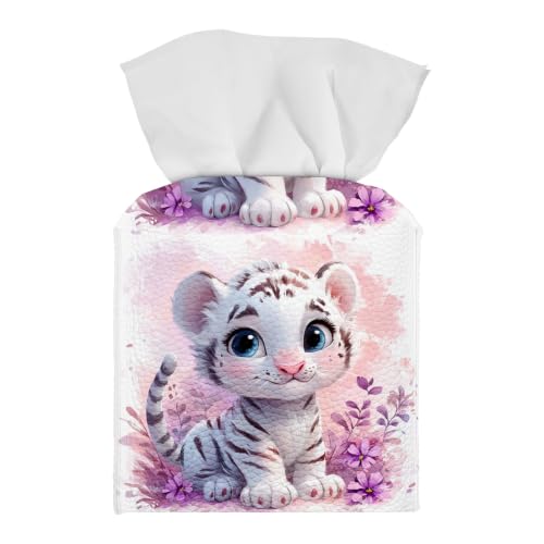 Tissue Box Cover Square, PU Leather Tissue Box Holder for Bathroom, Living Room & Office Desk, Cute White Tiger Cub in Pink Blossoms, Decorative Modern Tissue Box Cover - color: Cute White Tiger Cub in Pink Blossoms