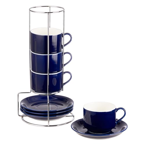 8oz Porcelain Cappuccino Cups with Saucers and Metal Stand, Stackable Coffee Cups for Specialty Coffee Drinks, Cappuccino, Latte, Espresso, Americano and Tea - Cups Set of 4, Blue - color: Blue, size: 8oz