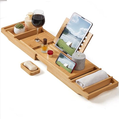 Bamboo Bathtub Caddy Tray with Book Stand & Soap Holder, Natural | Expandable to 41 Inches & Anti-Slip Pads for Luxury Bath Spa - color: Natural